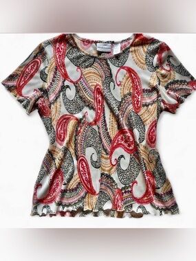 Alfred Dunner Y2K Red Black Paisley Plissé Crinkle Top Size Medium